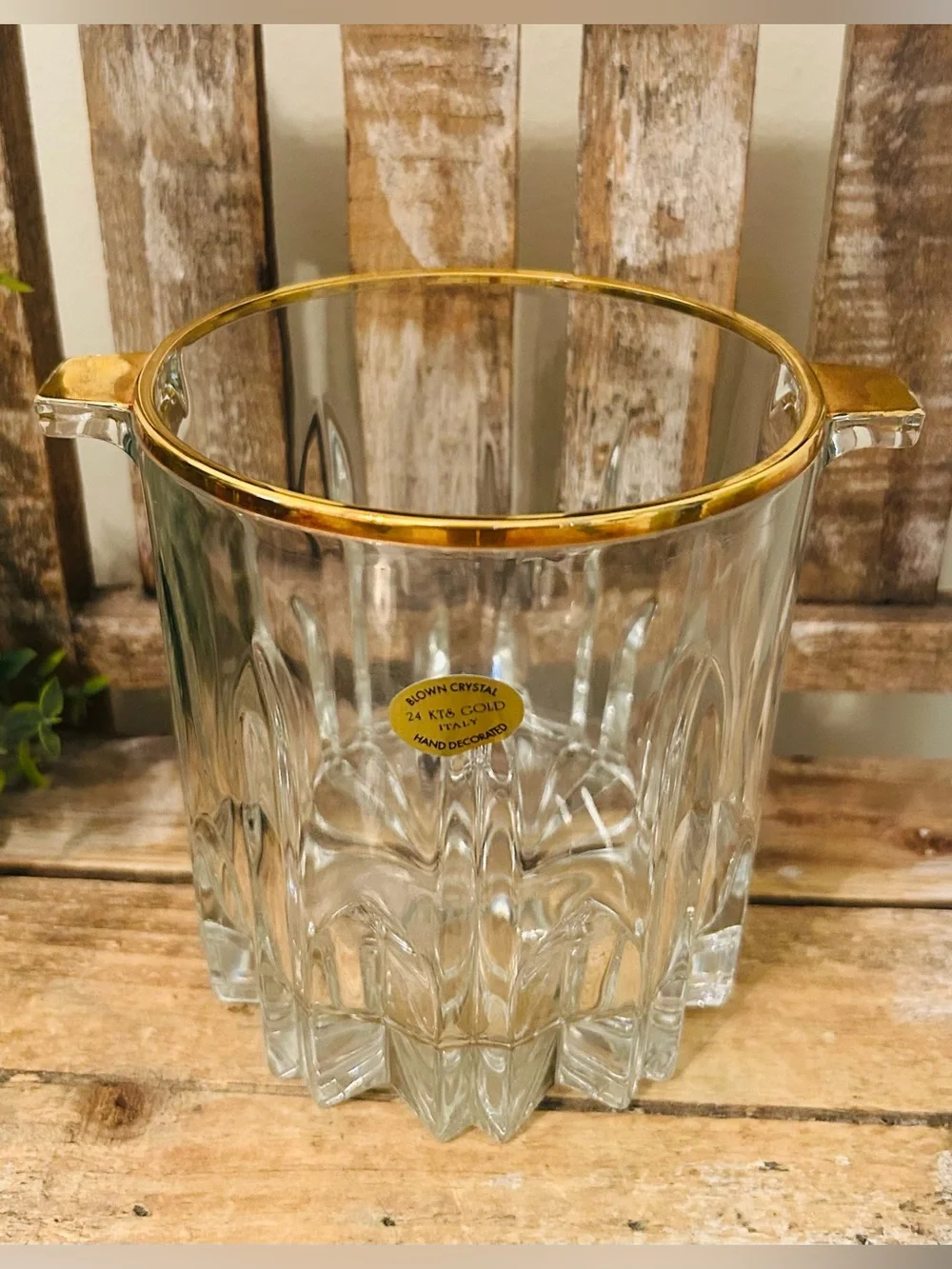 VINTAGE Crystal Mini Ice Bucket 24K Gold Rim 1980's Made in Italy